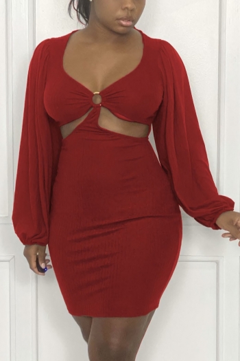 plus size stretch 3 colors metal ring connected hollow sexy mini dress