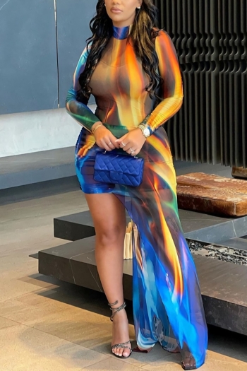 slight stretch tie-dye batch printing irregular slim sexy maxi dress
