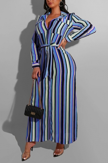 xl-5xl plus-size inelastic best sellers striped lapels maxi dress(with belt)