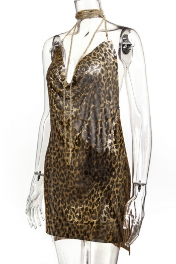 XS-L non-stretch sequins rhinestone leopard halter neck slit sexy hot mini dress