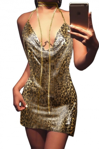 XS-L non-stretch sequins rhinestone leopard halter neck slit sexy hot mini dress