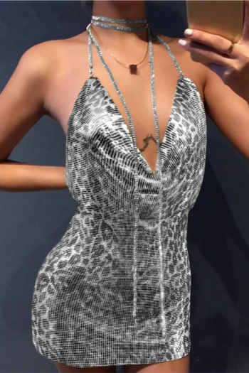 XS-L non-stretch sequins rhinestone leopard halter neck slit sexy hot mini dress