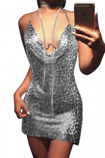 XS-L non-stretch sequins rhinestone leopard halter neck slit sexy hot mini dress