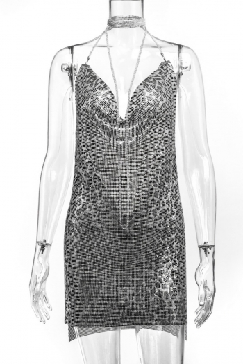 XS-L non-stretch sequins rhinestone leopard halter neck slit sexy hot mini dress