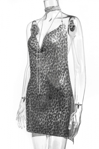 XS-L non-stretch sequins rhinestone leopard halter neck slit sexy hot mini dress