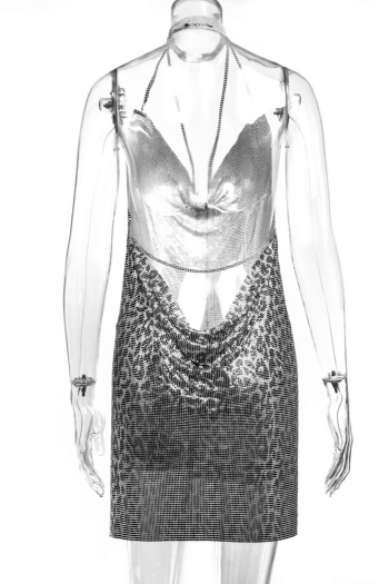 XS-L non-stretch sequins rhinestone leopard halter neck slit sexy hot mini dress
