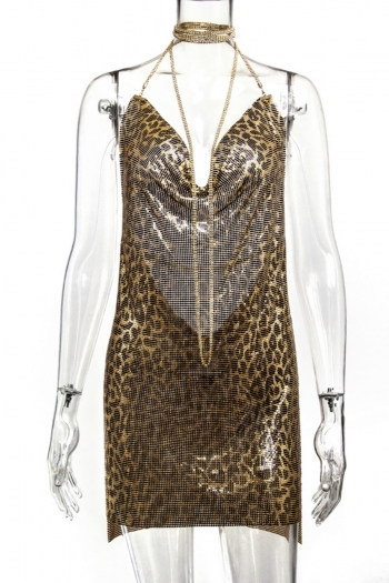 XS-L non-stretch sequins rhinestone leopard halter neck slit sexy hot mini dress