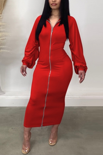 plus size slight stretch double zip-up solid color simple casual midi dress