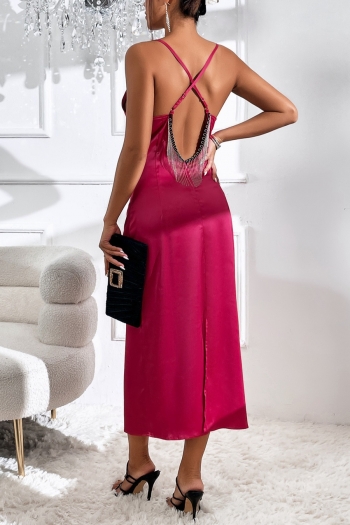 non-stretch satin sling backless tassel slit solid color sexy midi dress