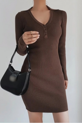 three colors ribbed knit slight stretch v-neck button sexy bodycon mini dress