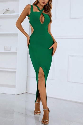 Slight stretch solid color sling hollow zip-up slit backless sexy midi dress