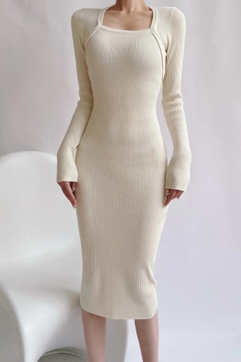 slight stretch 2 colors ribbed knit square-neck stylish bodycon midi dress