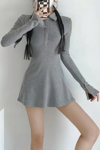 slight stretch 4 colors bell-sleeve single-breasted casual mini dress