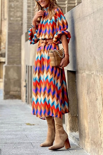 non stretch color block printing swing stylish midi dress (without belt)