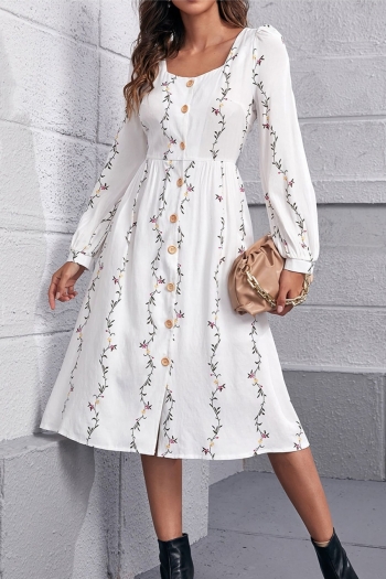 xs-l non-stretch leaf & floral printing single-breasted loose casual midi dress
