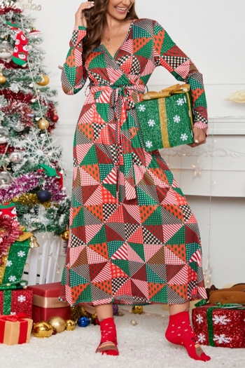 christmas plus size plaid batch printing stretch casual midi dress with belt
