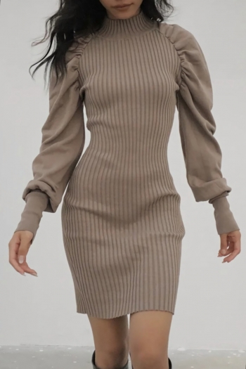 slight stretch solid color 5-colors ribbed knit slim puff sleeve sexy mini dress