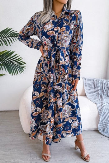 non-stretch 3 colors allover floral batch print casual midi shirtdress with belt