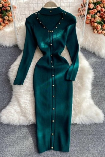 slight stretch 4 colors metallic-button decor hollow bodycon sexy midi dress