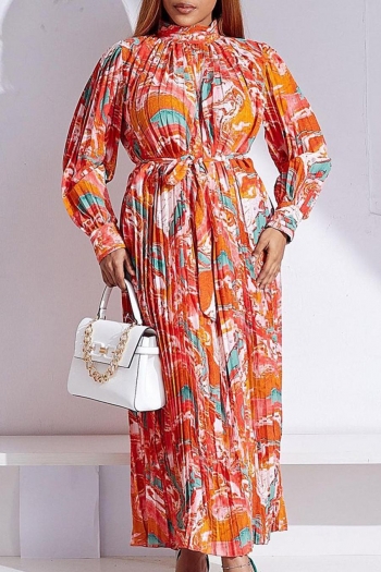 plus size non stretch wave printing tied pleated stylish maxi dress (with belt)