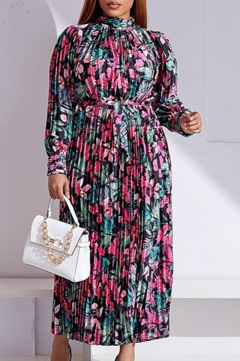 plus size non stretch floral leaf printing pleated stylish maxi dress(with belt)