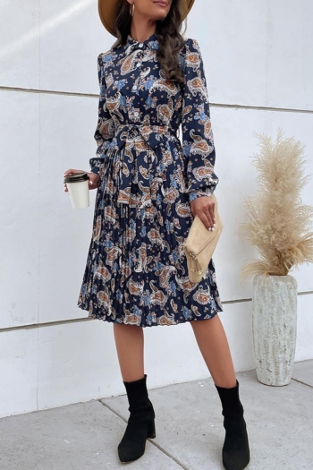 non-stretch flower batch printing single-breasted with belt casual midi dress