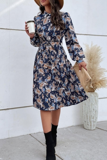 Non-stretch flower batch printing single-breasted with belt casual midi dress