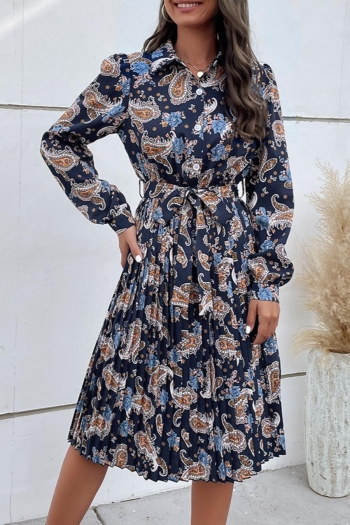 Non-stretch flower batch printing single-breasted with belt casual midi dress