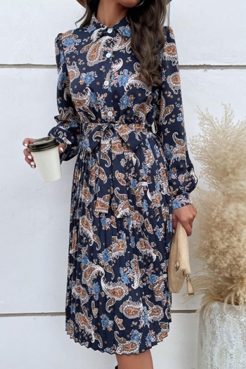 Non-stretch flower batch printing single-breasted with belt casual midi dress