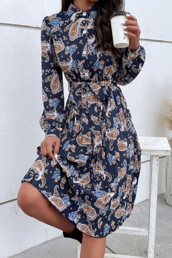 Non-stretch flower batch printing single-breasted with belt casual midi dress