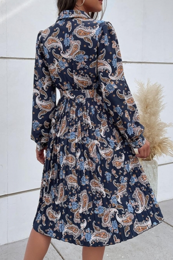 Non-stretch flower batch printing single-breasted with belt casual midi dress