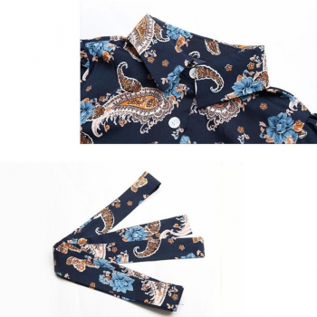 Non-stretch flower batch printing single-breasted with belt casual midi dress