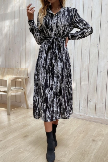 non-stretch batch printing with belt single-breasted stylish casual midi dress