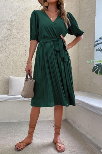 non-stretch solid color v-neck with belt stylish casual midi dress
