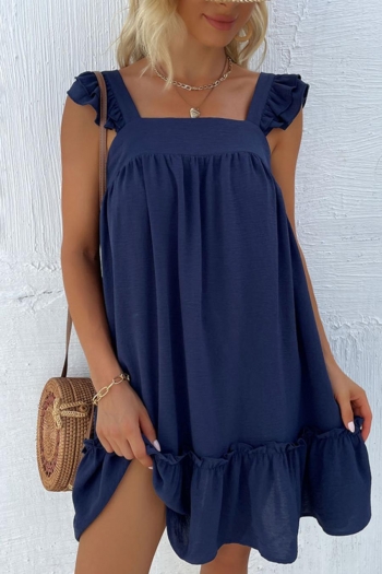 non-stretch solid color sling ruffle single-breasted loose casual mini dress