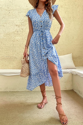 non-stretch lace-up floral batch print ruffle single-breasted casual midi dress