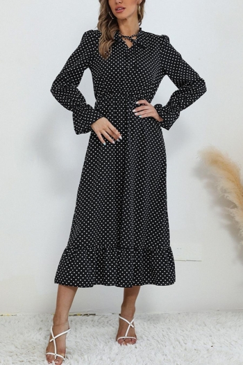 polka dot printing non-stretch long sleeve loose casual midi dress