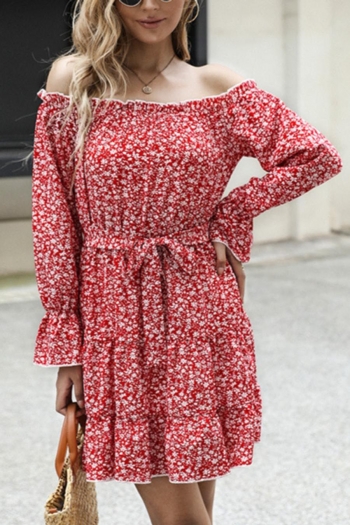 new floral batch print off-the-shoulder non-stretch with belt stylish mini dress