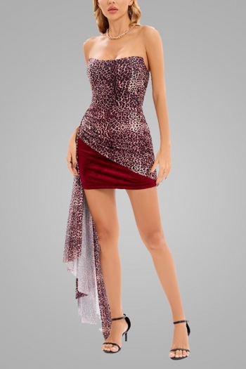 slight stretch slim leopard printing strapless zip-up velvet sexy mini dress