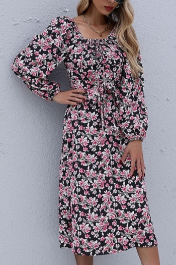 floral batch printing square neckline non-stretch with belt casual midi dress