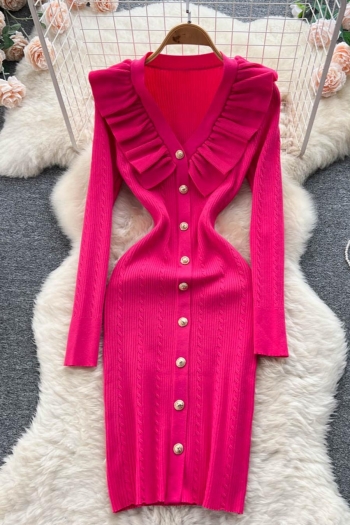 new 6 colors stretch knitted ruffle single-breasted slim stylish midi dress