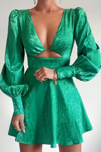 non-stretch 3-color jacquard hollow zipper lantern sleeve sexy mini dress
