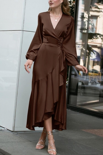 non-stretch simple stylish solid color v-neck lantern sleeve casual maxi dress