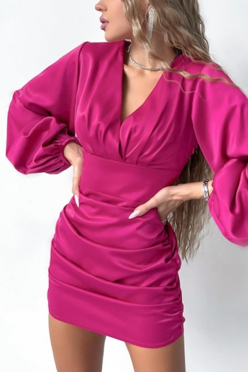 non-stretch solid color v-neck slim shirring zip-up satin sexy mini dress