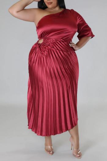 plus size non-stretch solid 5-colors satin one shoulder hollow pleated stylish maxi dress
