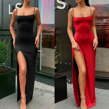 Plus size slight stretch simple solid color sling high slit sexy maxi dress