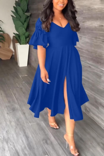 plus size 4 colors stretch ruffle sleeves backless split sexy midi dress