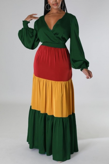 contrast stitching stretch v-neck long sleeve stylish casual maxi dress