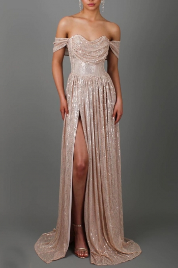 slight stretch 3-colors sequins off-shoulder high slit zip-up sexy maxi dress