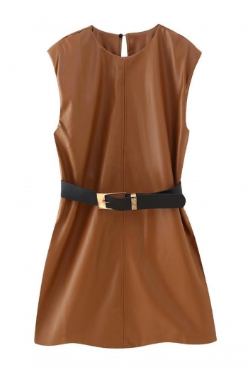 xs-l non-stretch pu leather solid color with belt stylish mini dress